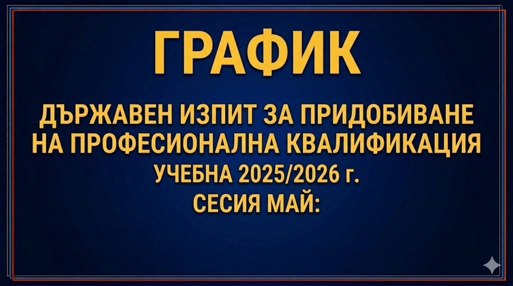 График за провеждане на ДИППК - сесия май за учебната 2025/2026 - ПГ по СЕУ - Тетевен